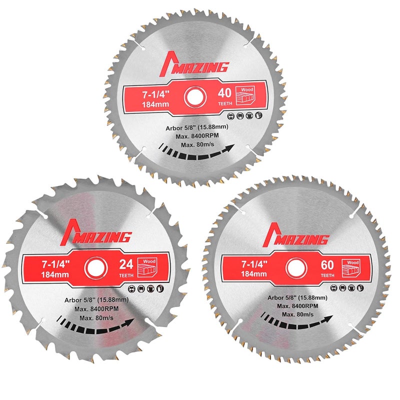 MAZING 3-Piece 7-1/4 Inch 24T&40T&60T Circular Saw Blades, 7.25 Inch TCT Compact Saws Blades with 5/8" Arbor, ATB Design for Precision Woodworking, Fit for Plywood, Soft & Hardwood, Wood with Nails - Image 1